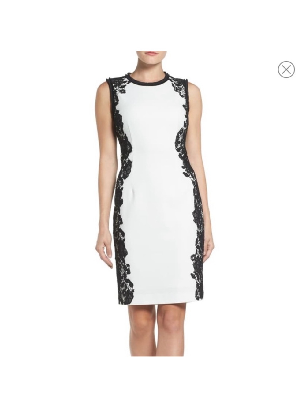 Tahari White Midi Sheath Dress with Black Lace Insets